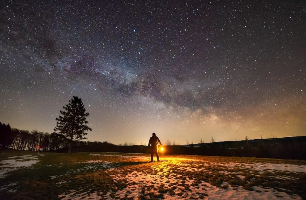 milky way, night, nature, stars, person, man, alone, fear, dark, starry sky, universe, galaxy, silhouette, landscape, light, lantern, tree, spooky, creepy